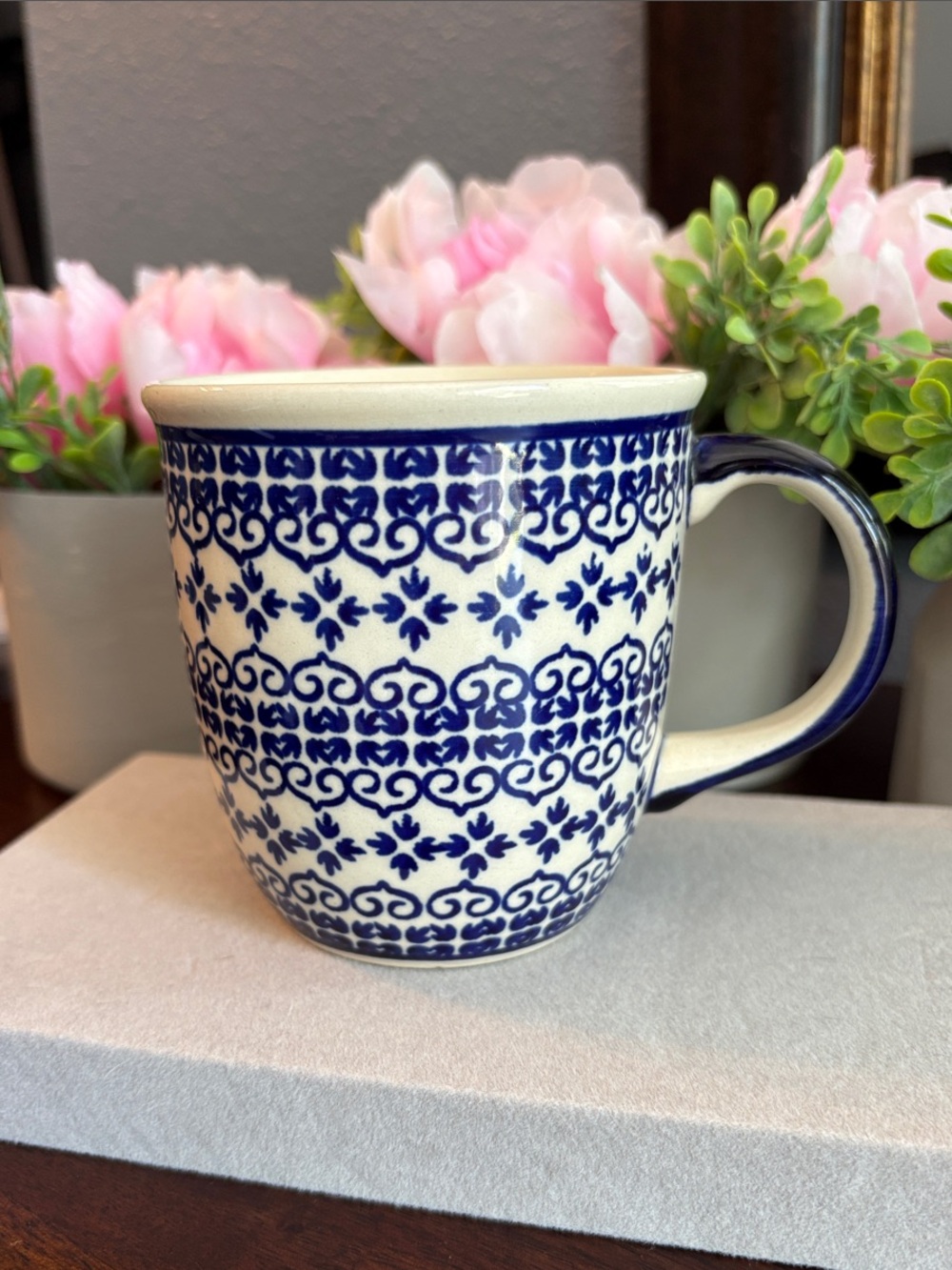 Boleslawiec Handmade Ceramic Mug Blue White Floral Pattern Pottery MPN 116